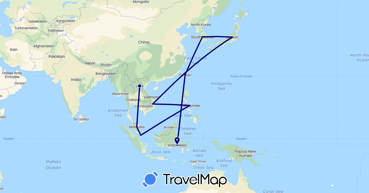 TravelMap itinerary: driving in Indonesia, Japan, South Korea, Laos, Malaysia, Philippines, Singapore, Taiwan, Vietnam (Asia)